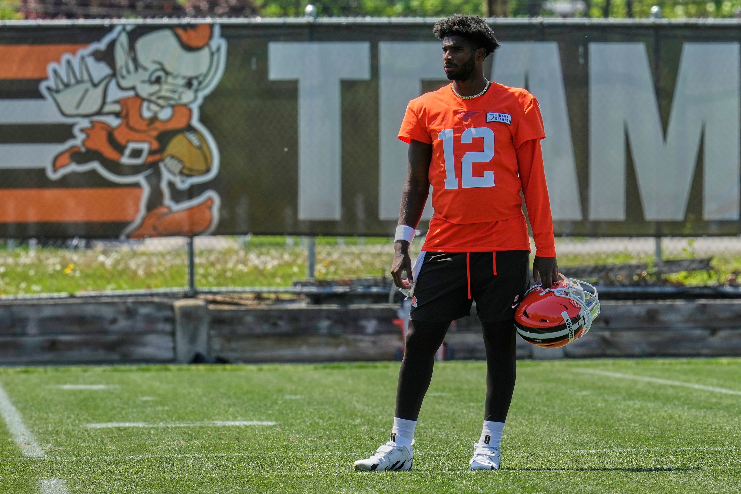 Cleveland Browns quarterback Shedeur Sanders (12) watches during the NFL football team's rookie minicamp in Berea, Ohio, Saturday, May 10, 2025. (AP Photo/Sue Ogrocki) Cleveland Browns quarterback Shedeur Sanders (12) watches during the NFL football team's rookie minicamp in Berea, Ohio, Saturday, May 10, 2025. (AP Photo/Sue Ogrocki)