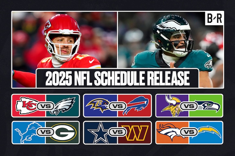 Image showcasing the 2025 NFL schedule release featuring player images and game matchups.
