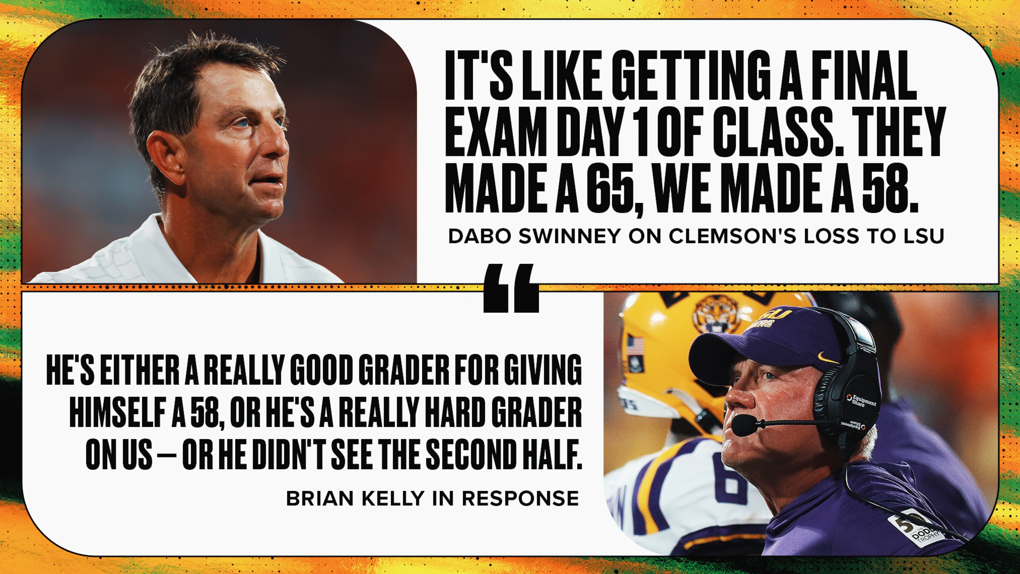 Dabo Swinney Says 'Neither' LSU or Clemson 'Were Great' in Week 1 CFB Matchup