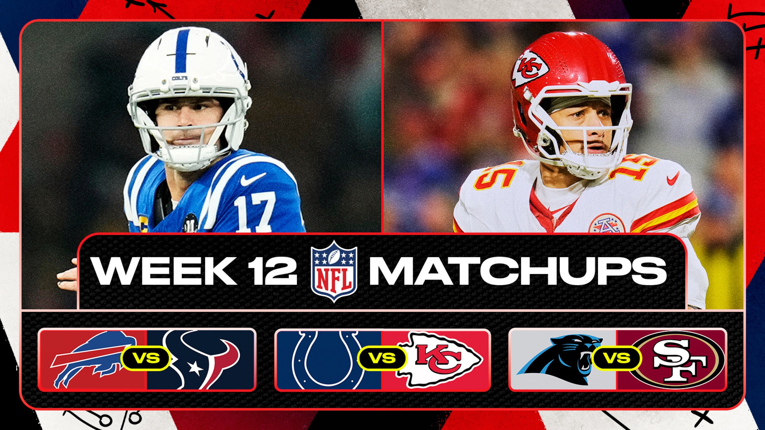 Colts QB Daniel Jones (left) and Chiefs QB Patrick Mahomes (right)