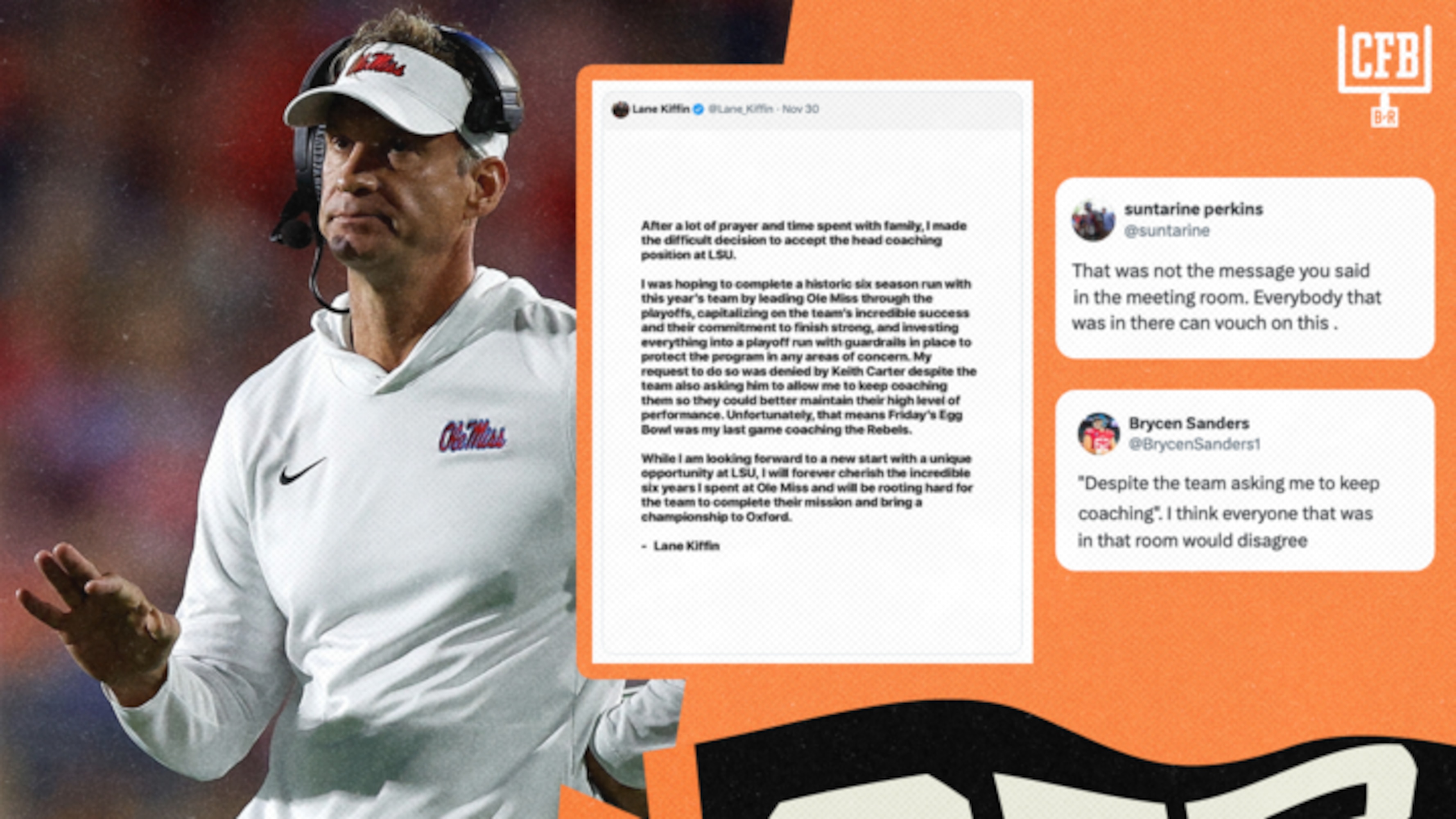 Ole Miss Players Call Out Lane Kiffin's Account of Team Meeting Before Exit for LSU