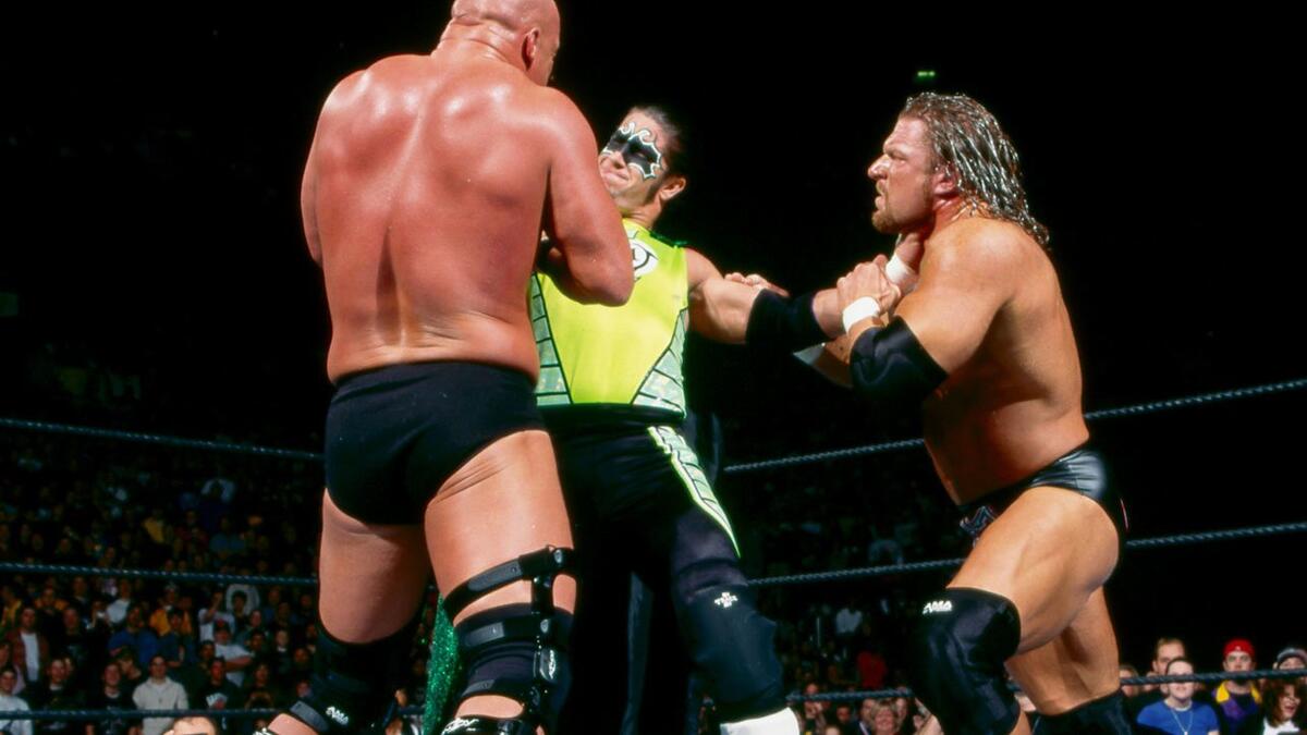 The Hurricane, Steve Austin, and Triple H in the 2002 WWE Royal Rumble Match