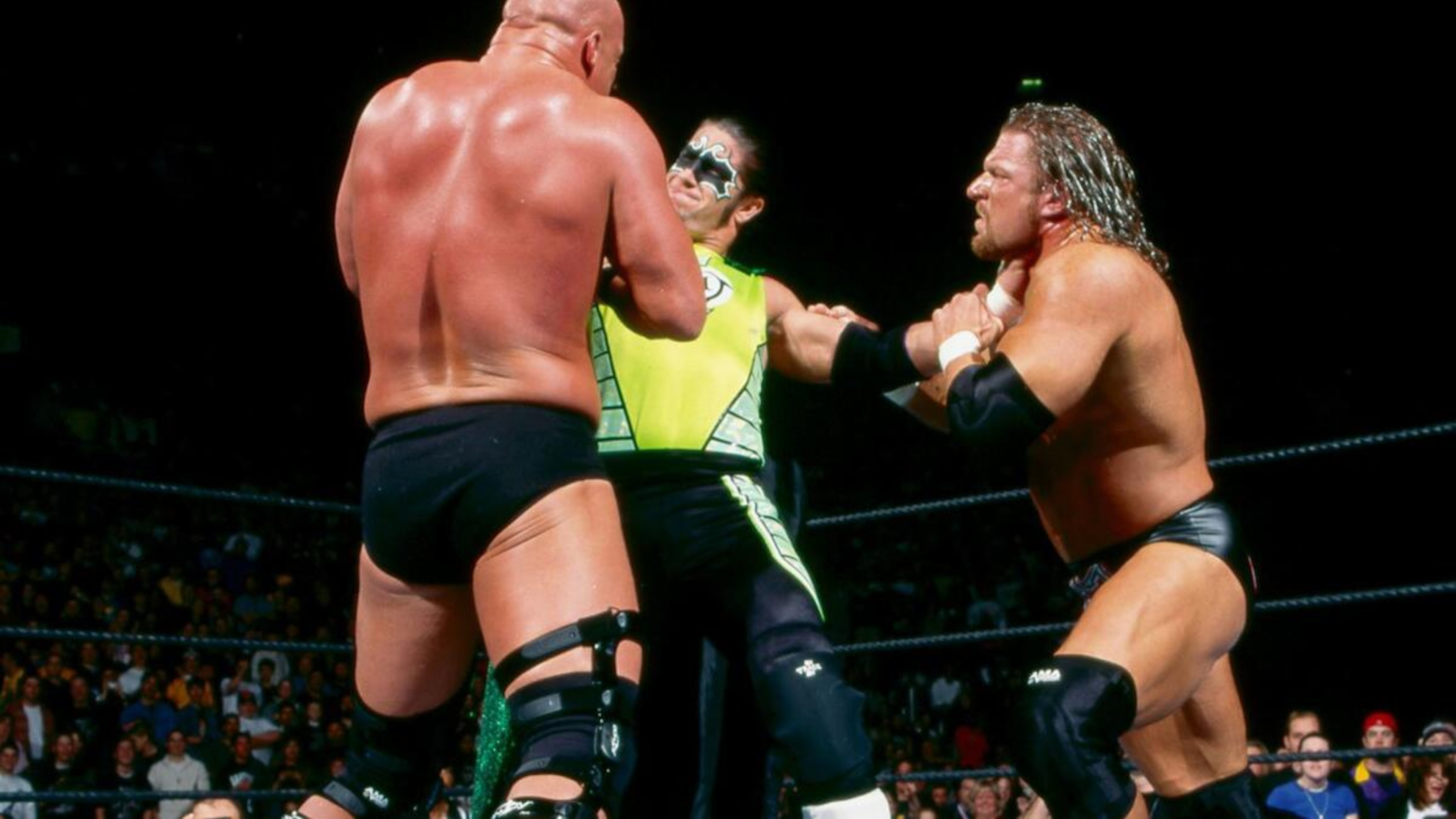 The Hurricane, Steve Austin, and Triple H in the 2002 WWE Royal Rumble Match The Hurricane, Steve Austin, and Triple H in the 2002 WWE Royal Rumble Match