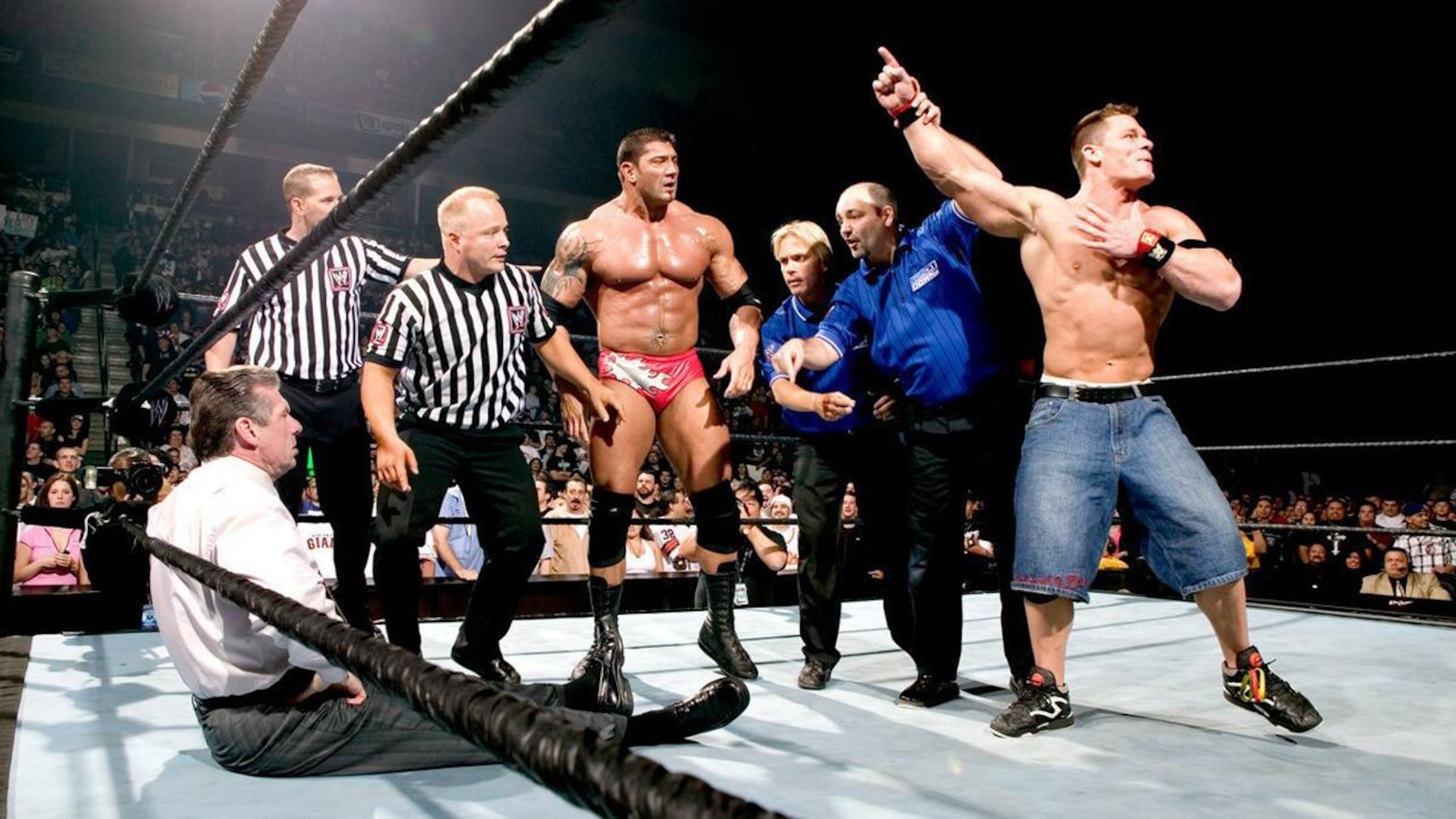 John Cena and Batista at the 2005 WWE Royal Rumble John Cena and Batista at the 2005 WWE Royal Rumble
