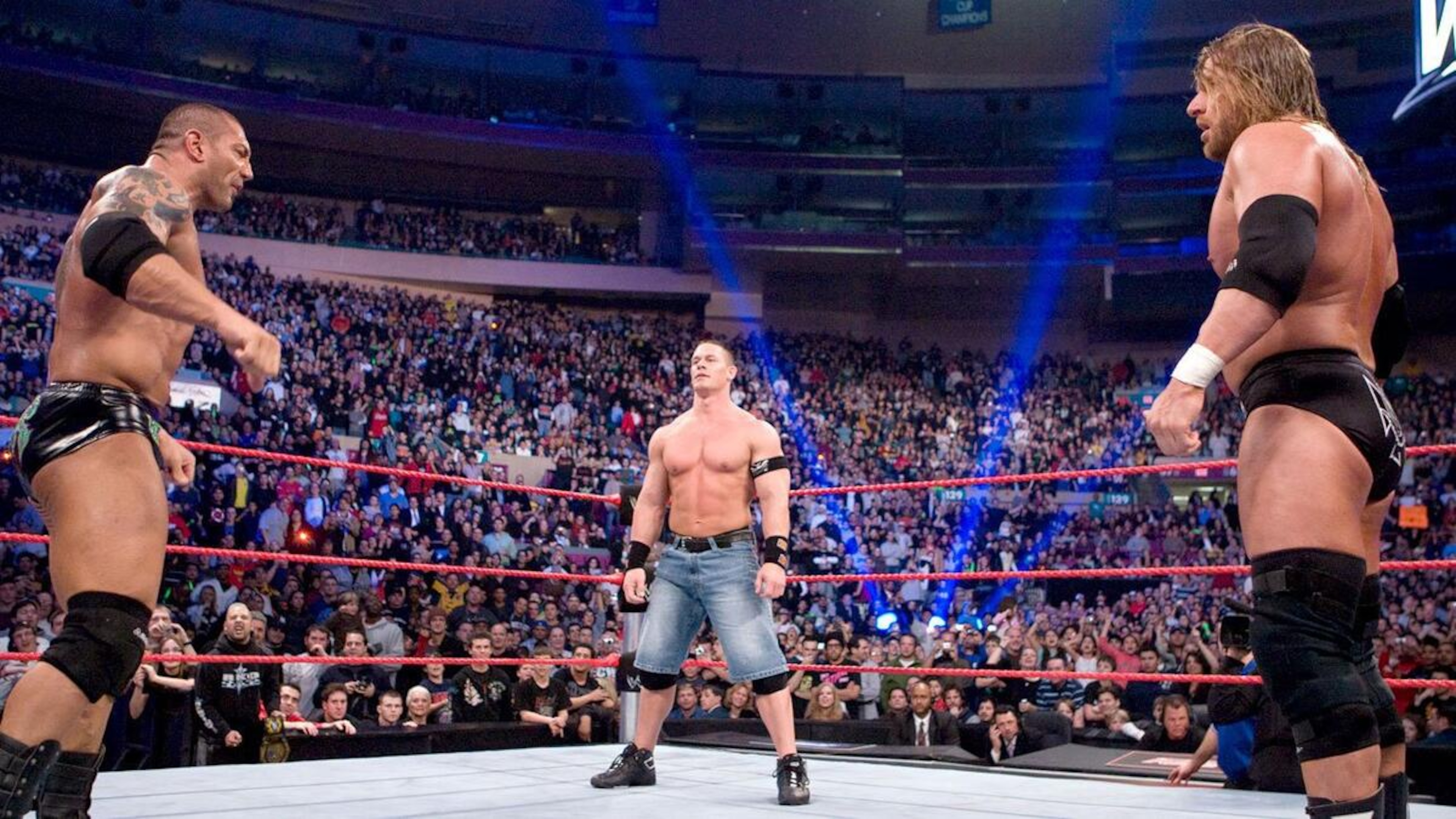 Batista, John Cena, and Triple H at WWE Royal Rumble 2008 Batista, John Cena, and Triple H at WWE Royal Rumble 2008