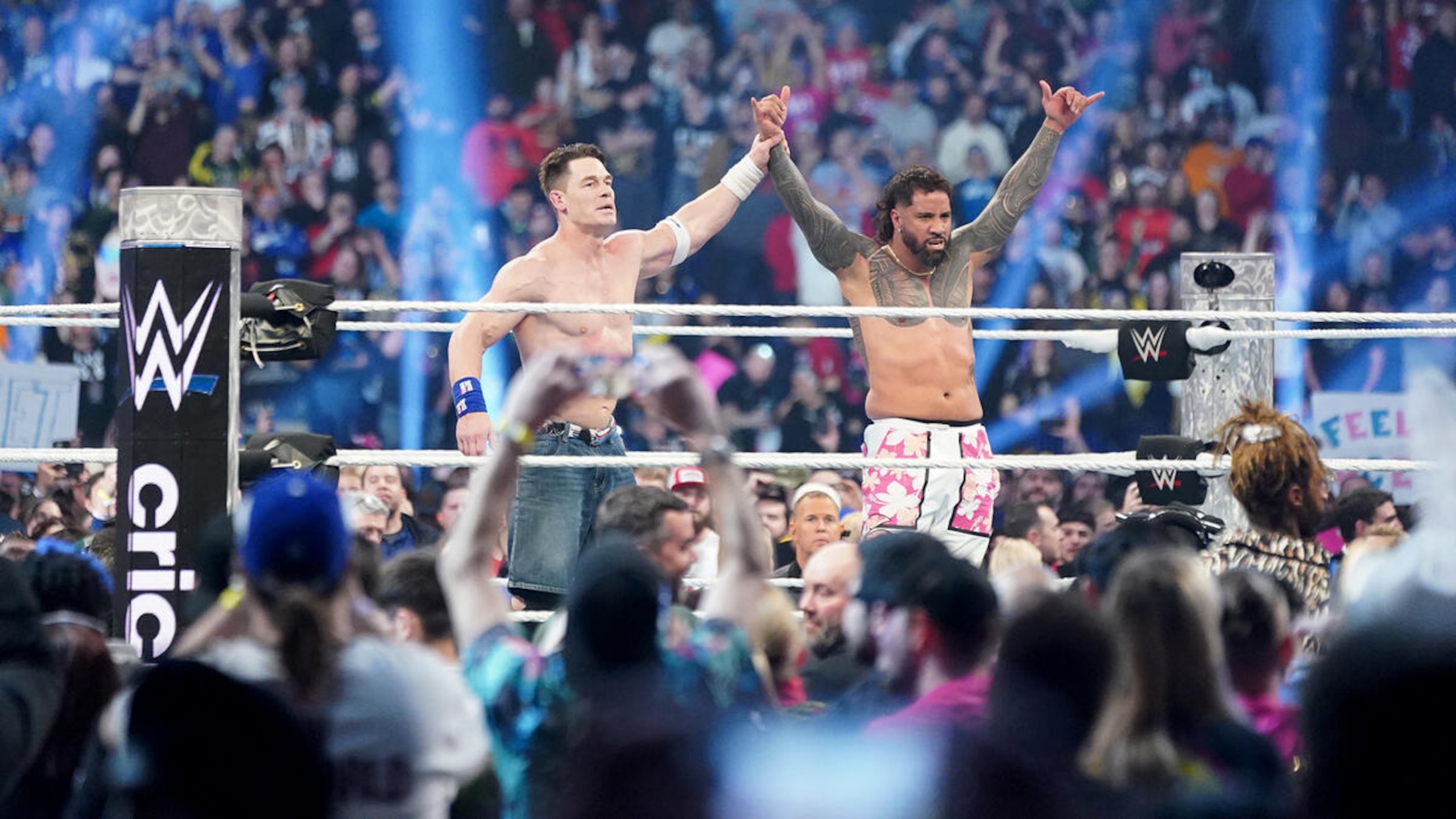 John Cena and Jey Uso at the 2025 WWE Royal Rumble