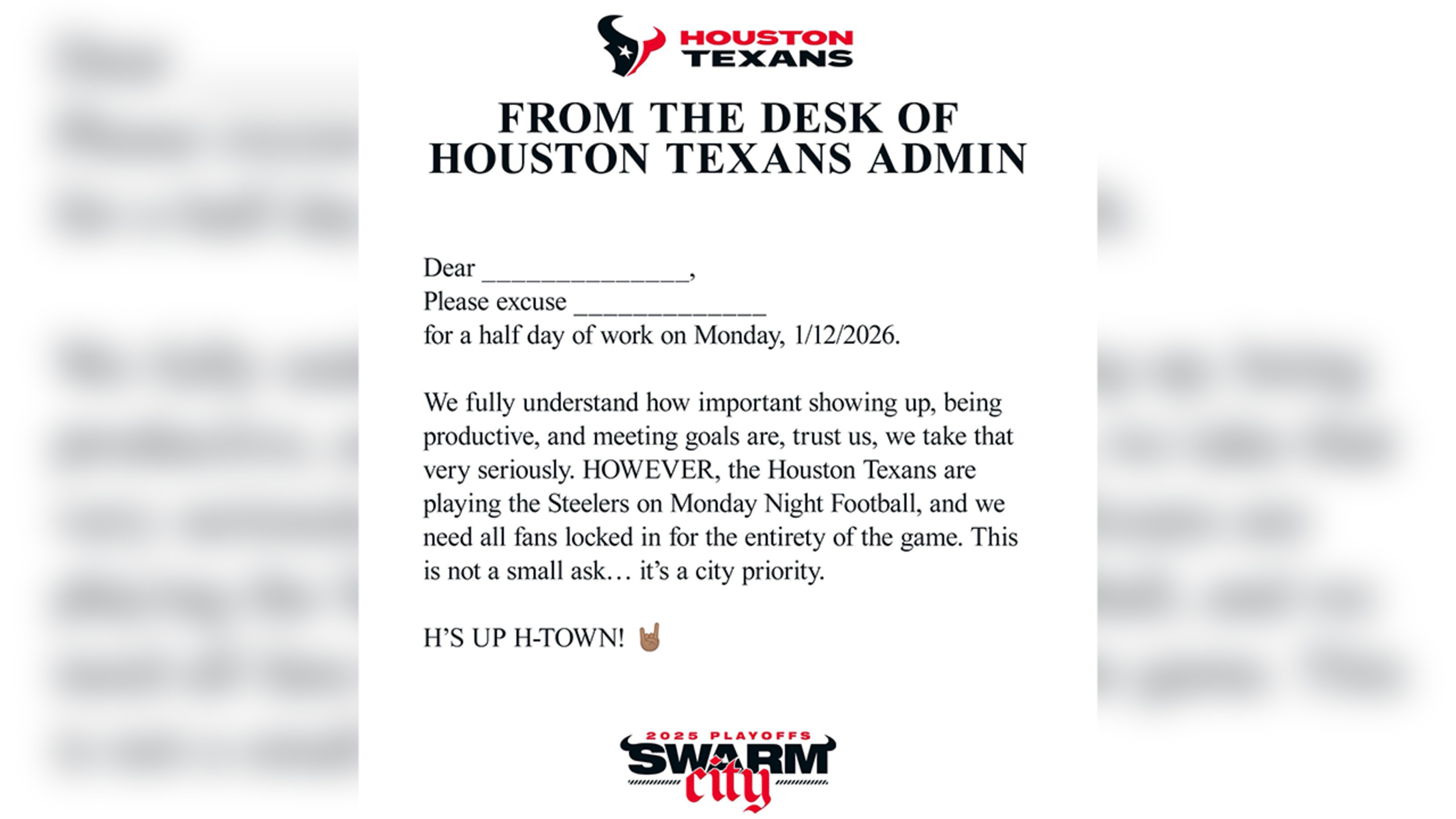 Texans Tweet Letter for Fans to Be Excused from Work to Watch Steelers Game, 'It's a City Priority'