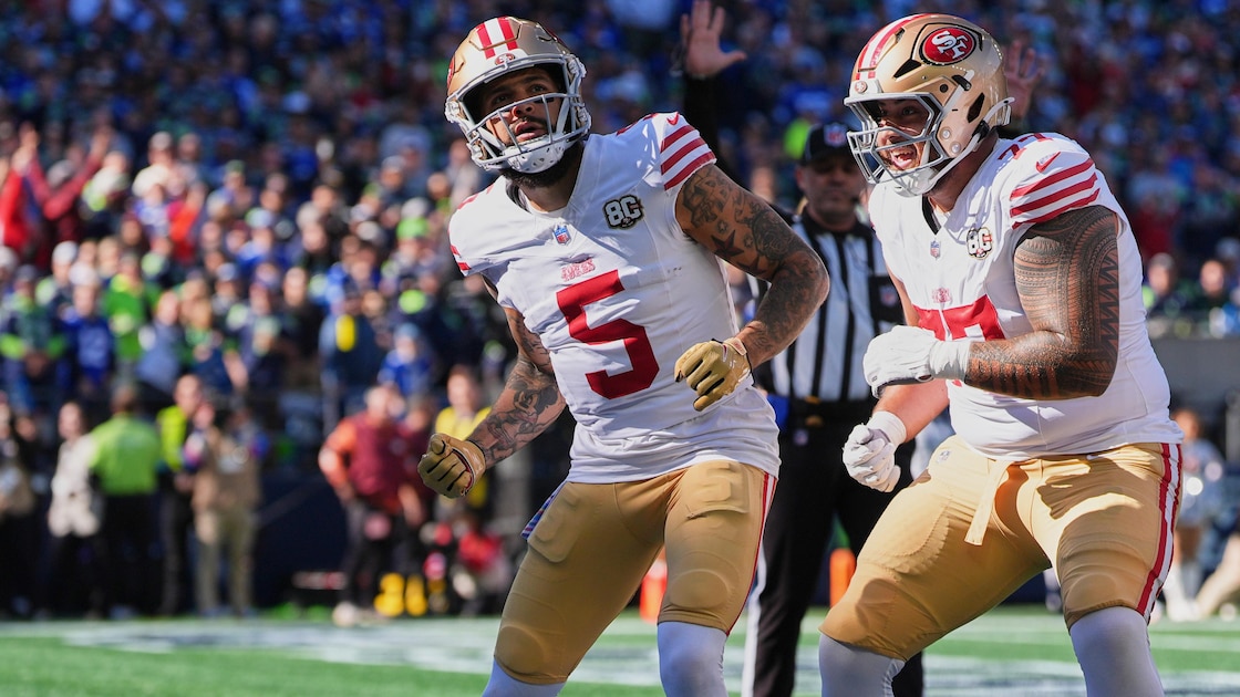 Mike Evans von den 49ers provoziert Trevon Diggs von den Seahawks in einem ...