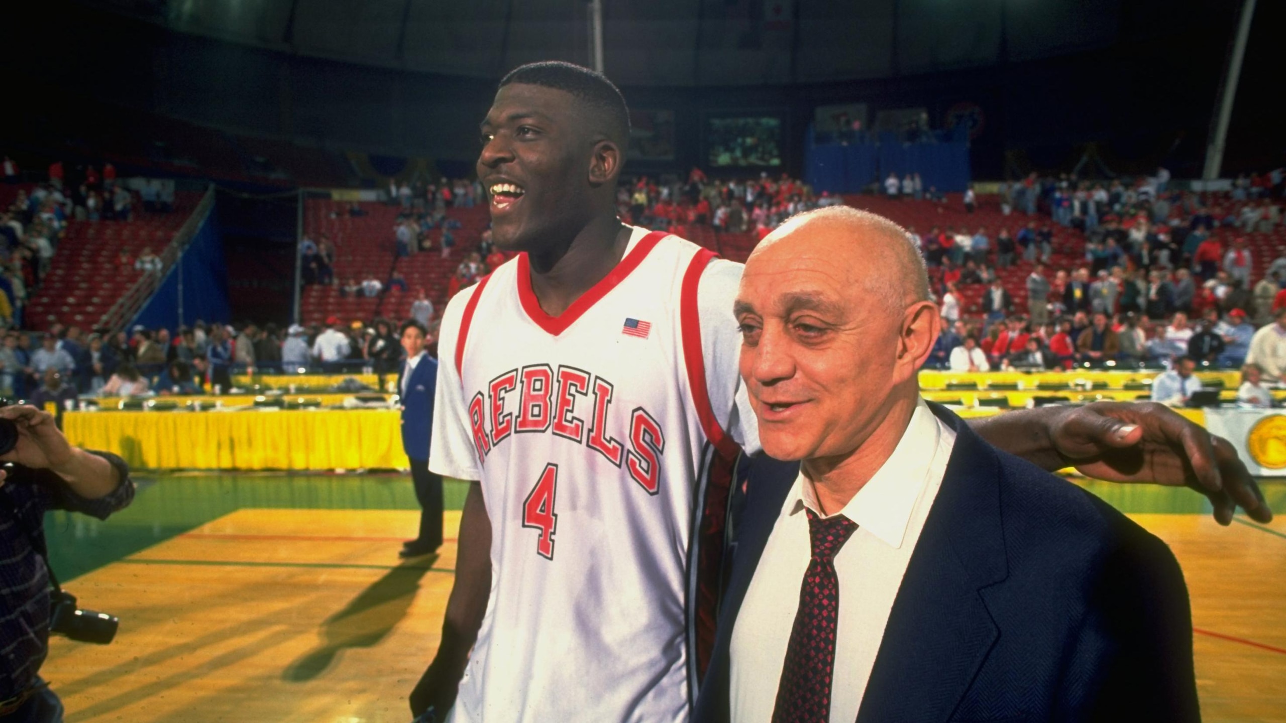 University of Nevada Las Vegas Coach Jerry Tarkanian and Larry Johnson, 1991 NCAA West Regional Final