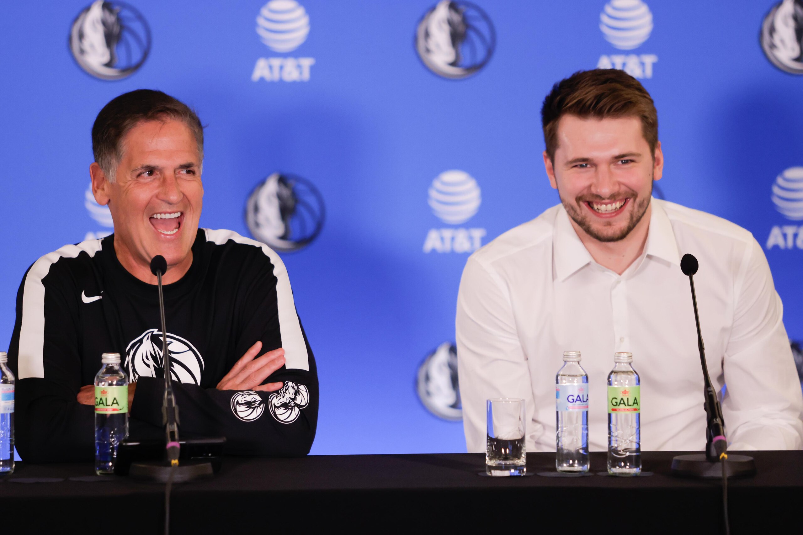 Dallas Mavericks owner Mark Cuban and Luka Doncic speak at a... Dallas Mavericks owner Mark Cuban and Luka Doncic speak at a...