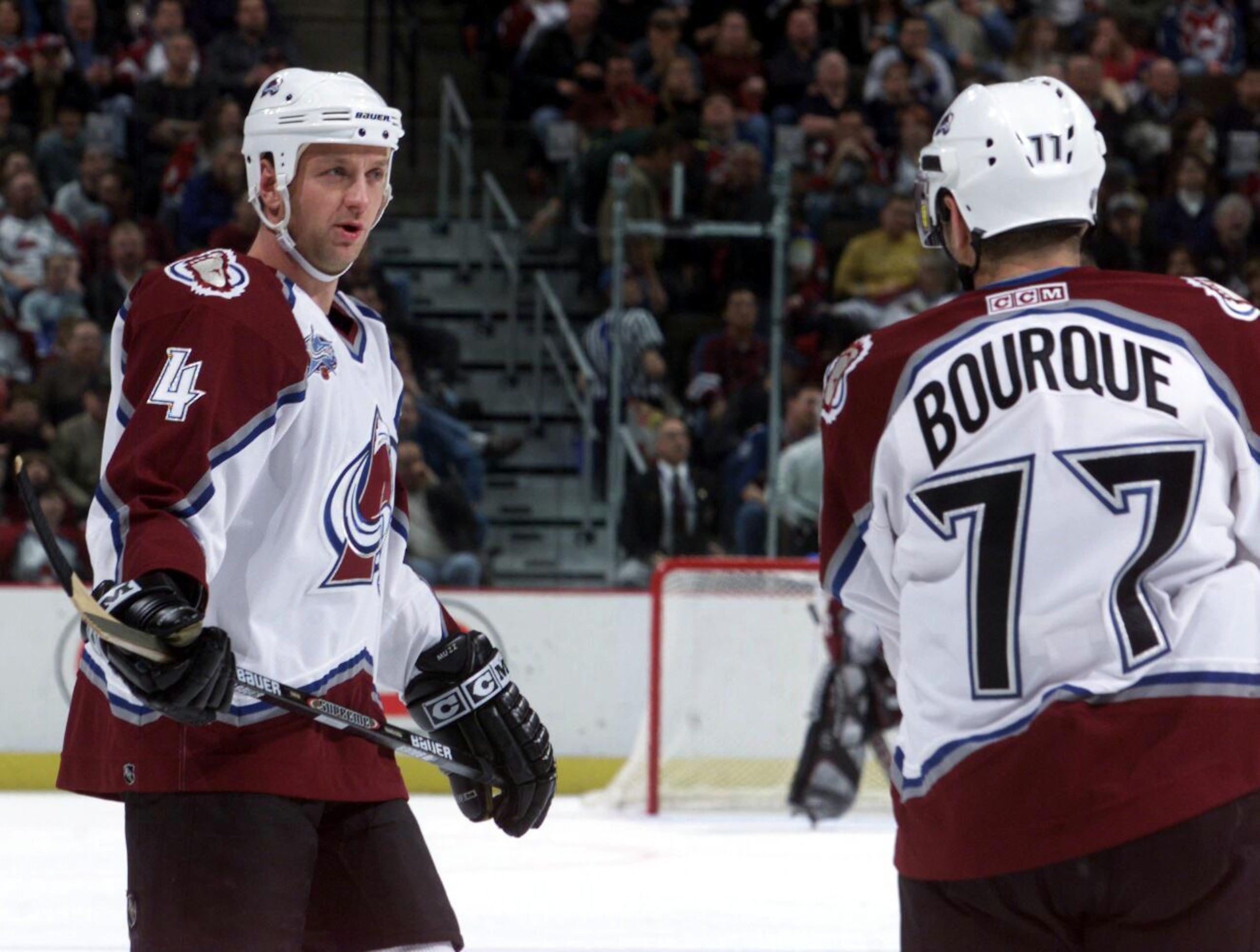 DENVER,CO--AV'S VS. WILD--Newly aquired Av's player, Rob Blake, left, gets a little advice from Ray Bourque against the Minnesota Wild in the first period of play at Pepsi Center Friday evening. THE DENVER POST/ ANDY CROSS DENVER,CO--AV'S VS. WILD--Newly aquired Av's player, Rob Blake, left, gets a little advice from Ray Bourque against the Minnesota Wild in the first period of play at Pepsi Center Friday evening. THE DENVER POST/ ANDY CROSS