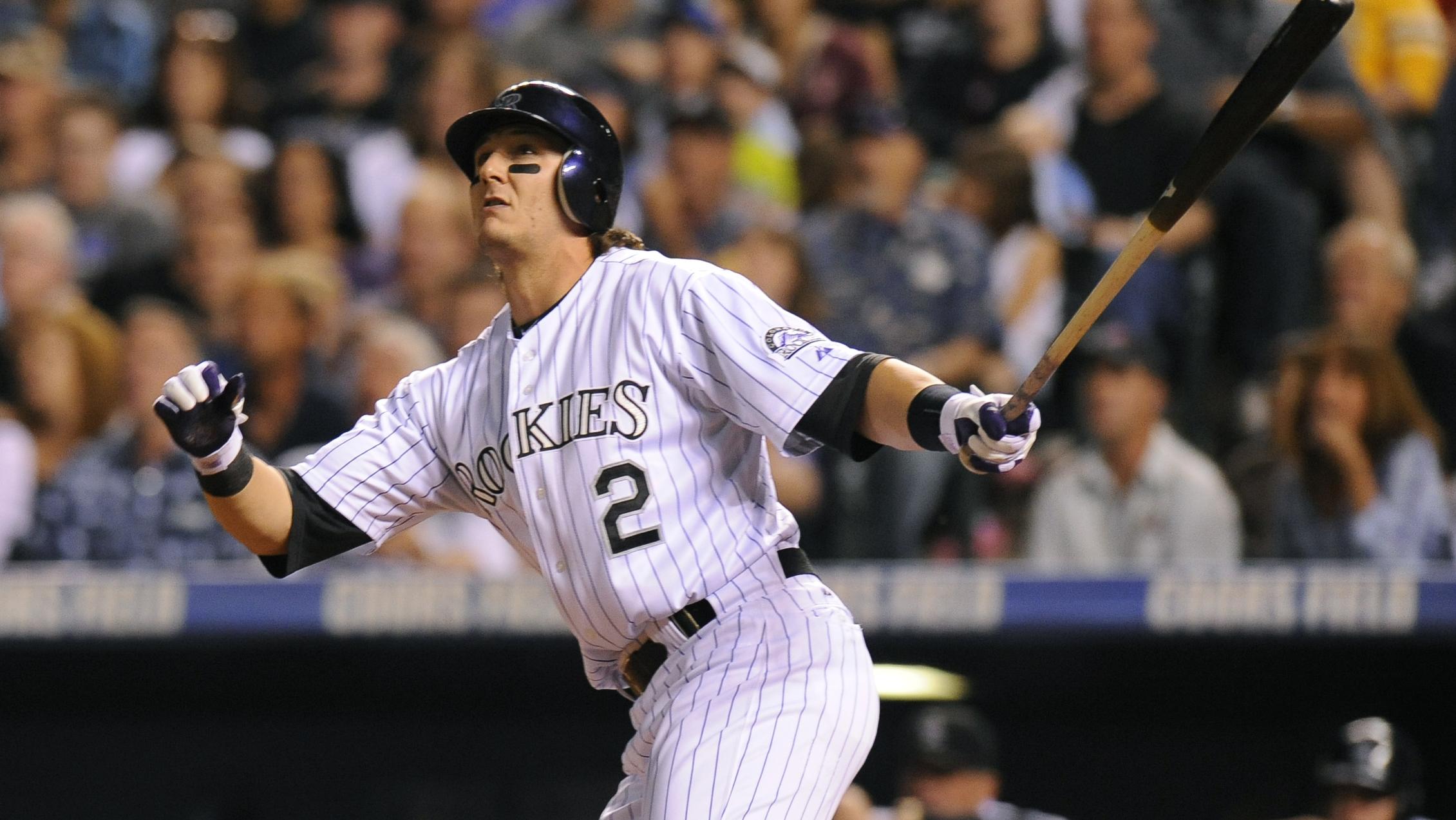 Troy Tulowitzki watched his fifth inning homerun leave the park. The Colorado Rockies beat the San Francisco Giants 10-9 at Coors Field Saturday night, September 25, 2010. Karl Gehring/The Denver Post
