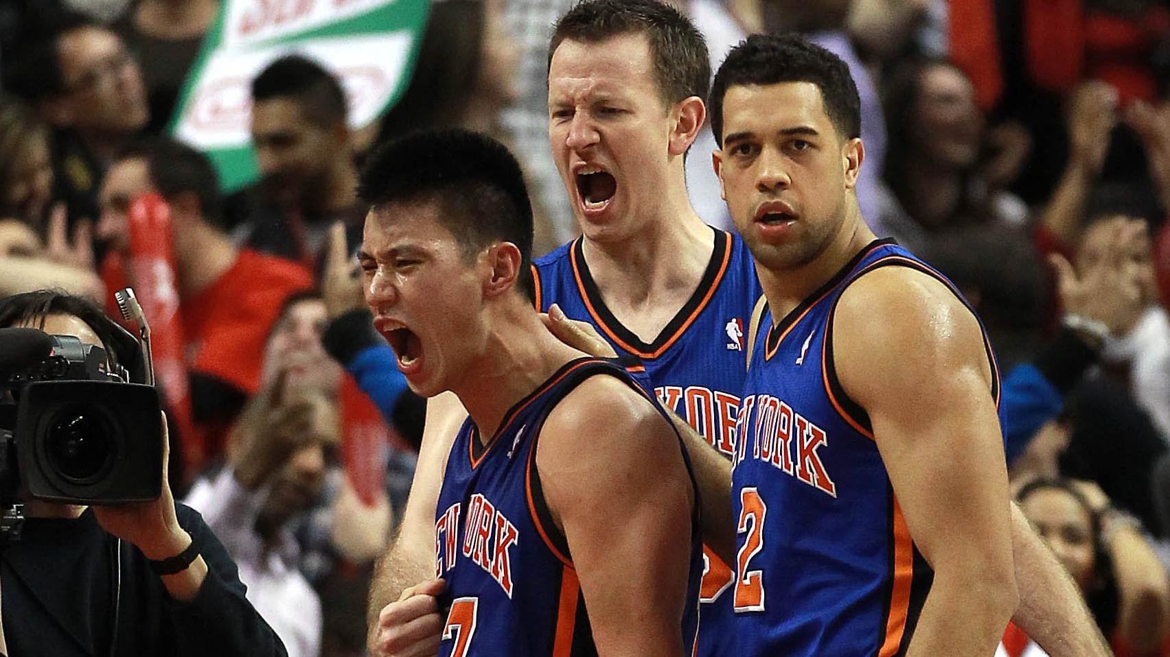 New York Knicks point guard Jeremy Lin celebrates after hitting the winning three pointer basket wit