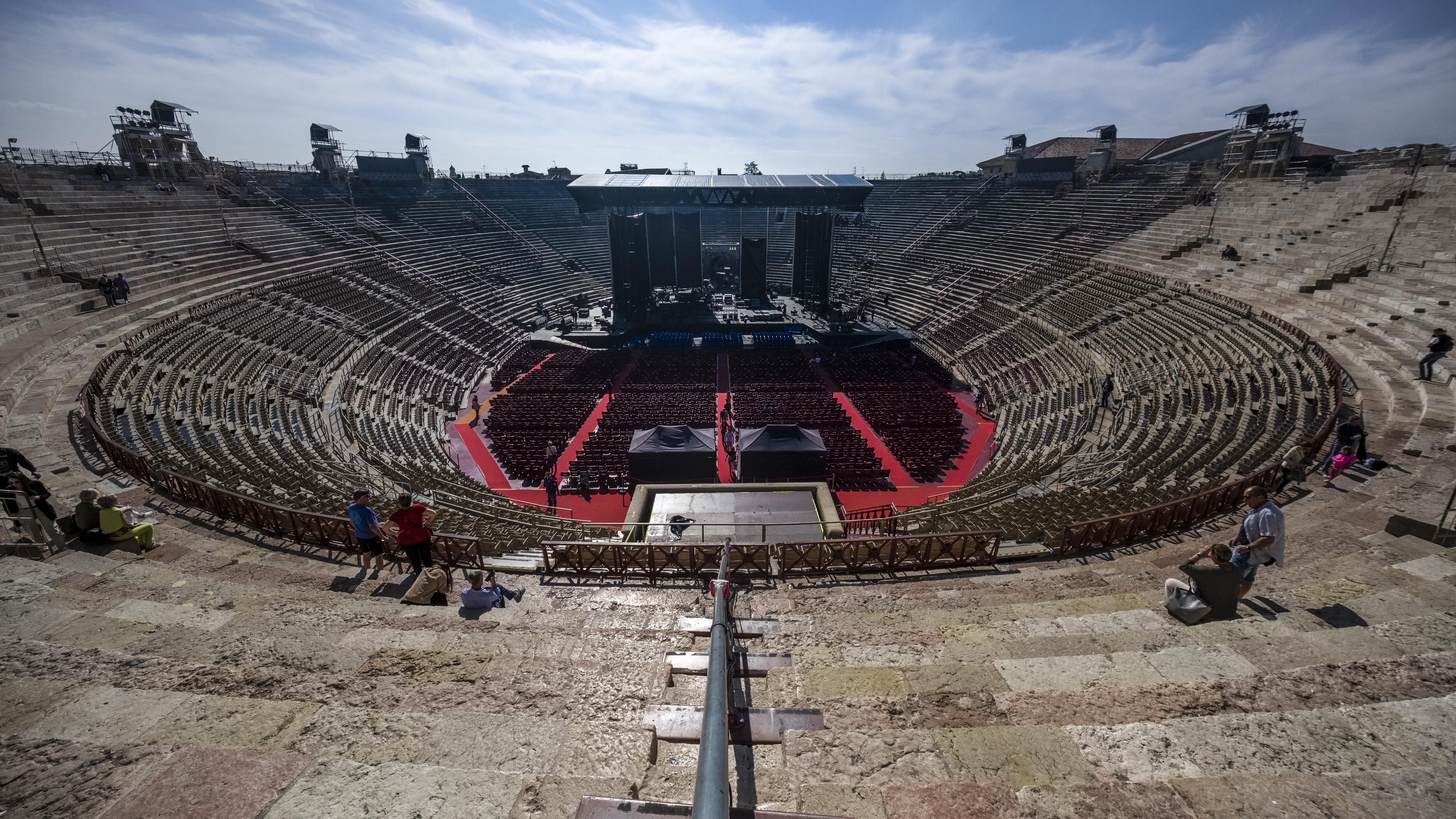 Stage for concerts and audience seats set up in the Verona...