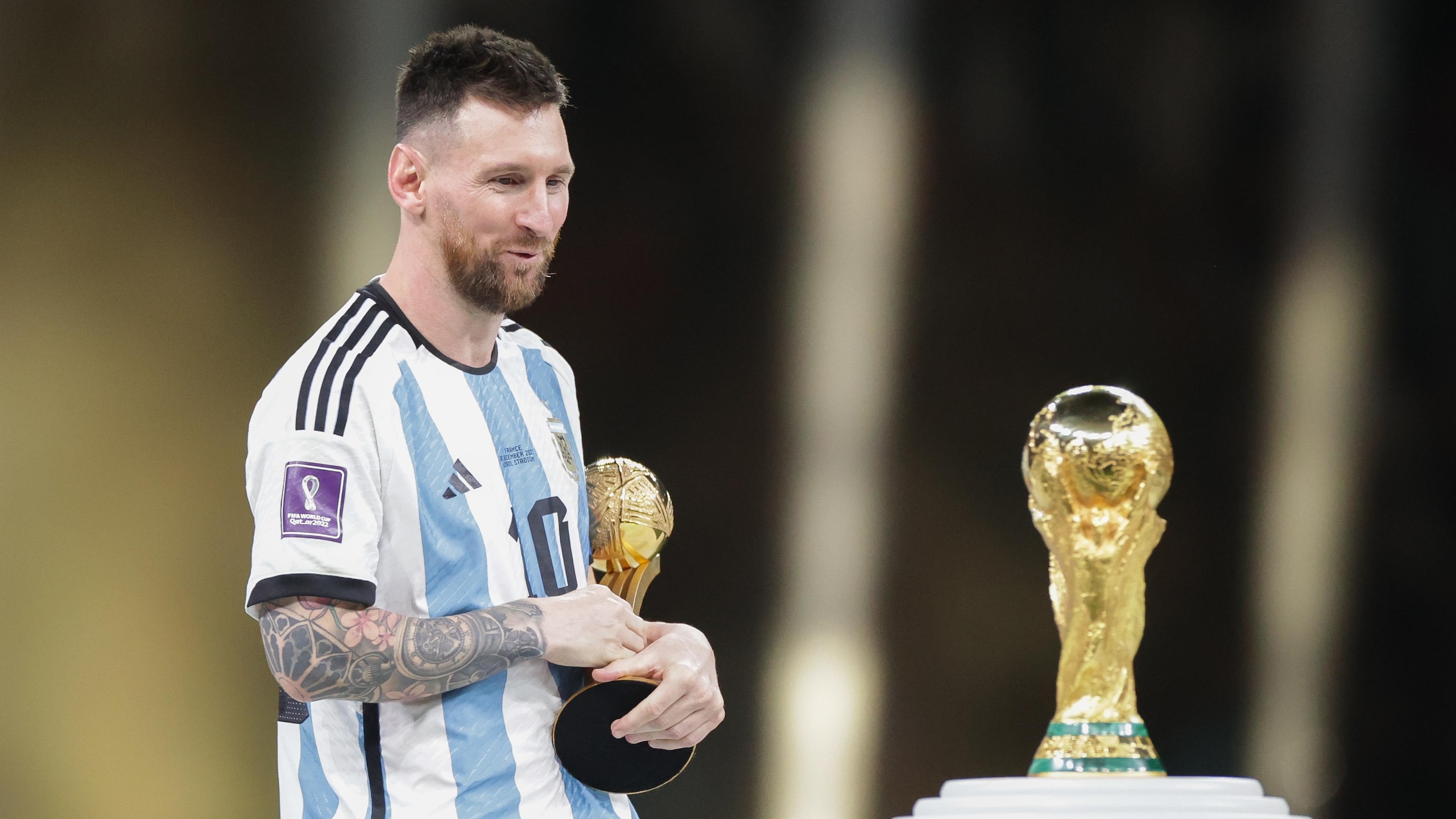 Lionel Messi (Argentina) seen with trophy during the FIFA