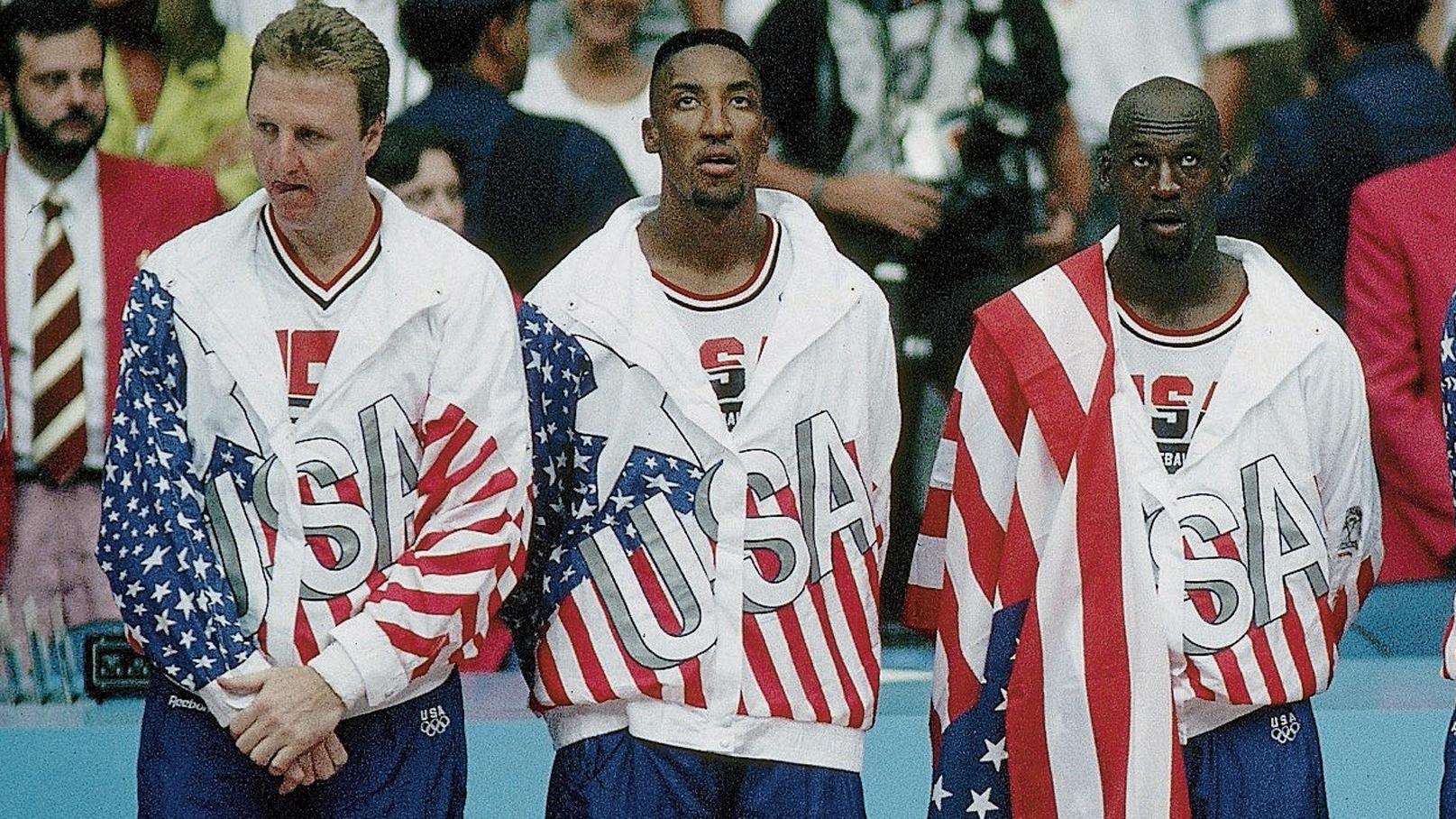 USA Larry Bird, Scottie Pippen, Michael Jordan, Clyde Drexler, and Karl Malone, 1992 Summer Olympics