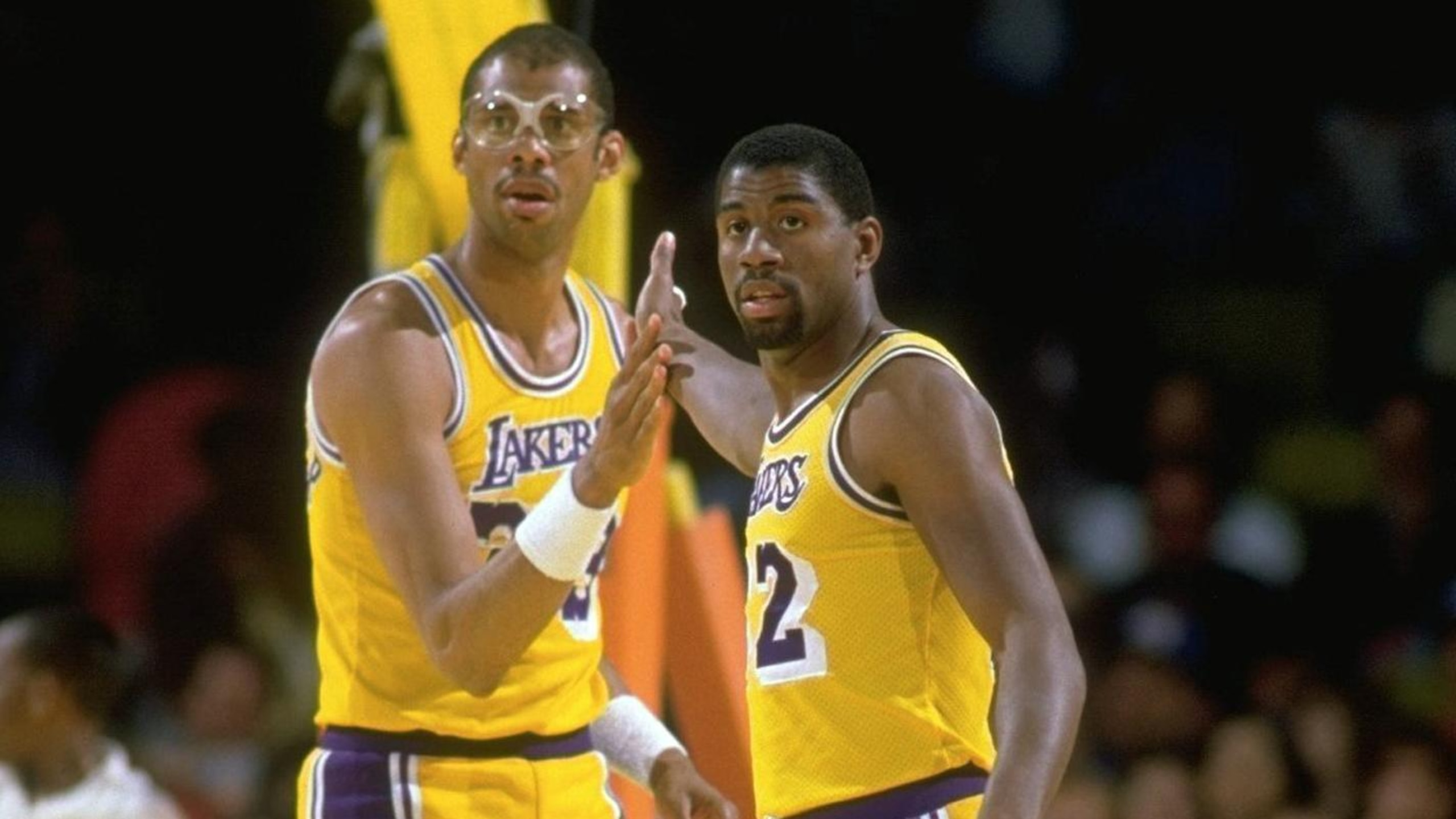 Los Angeles Lakers Magic Johnsonand Kareem Abdul-Jabbar, 1985 NBA Western Conference Semifinals
