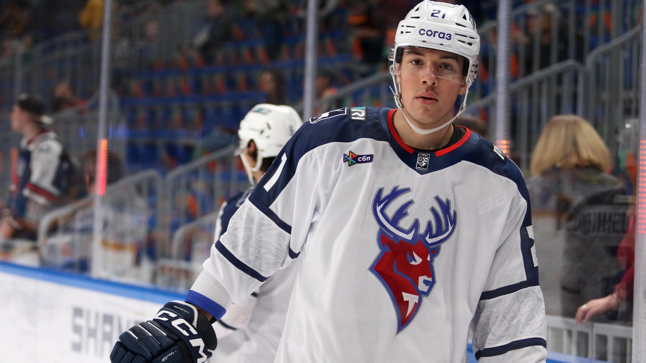 Anton Silayev (21) of Torpedo Hockey Club seen in action Anton Silayev (21) of Torpedo Hockey Club seen in action