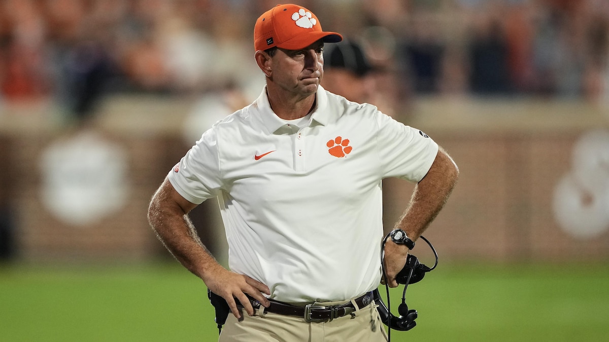 Clemson vs UNC 2025 head coach Dabo Swinney celebrating comeback victory on the field