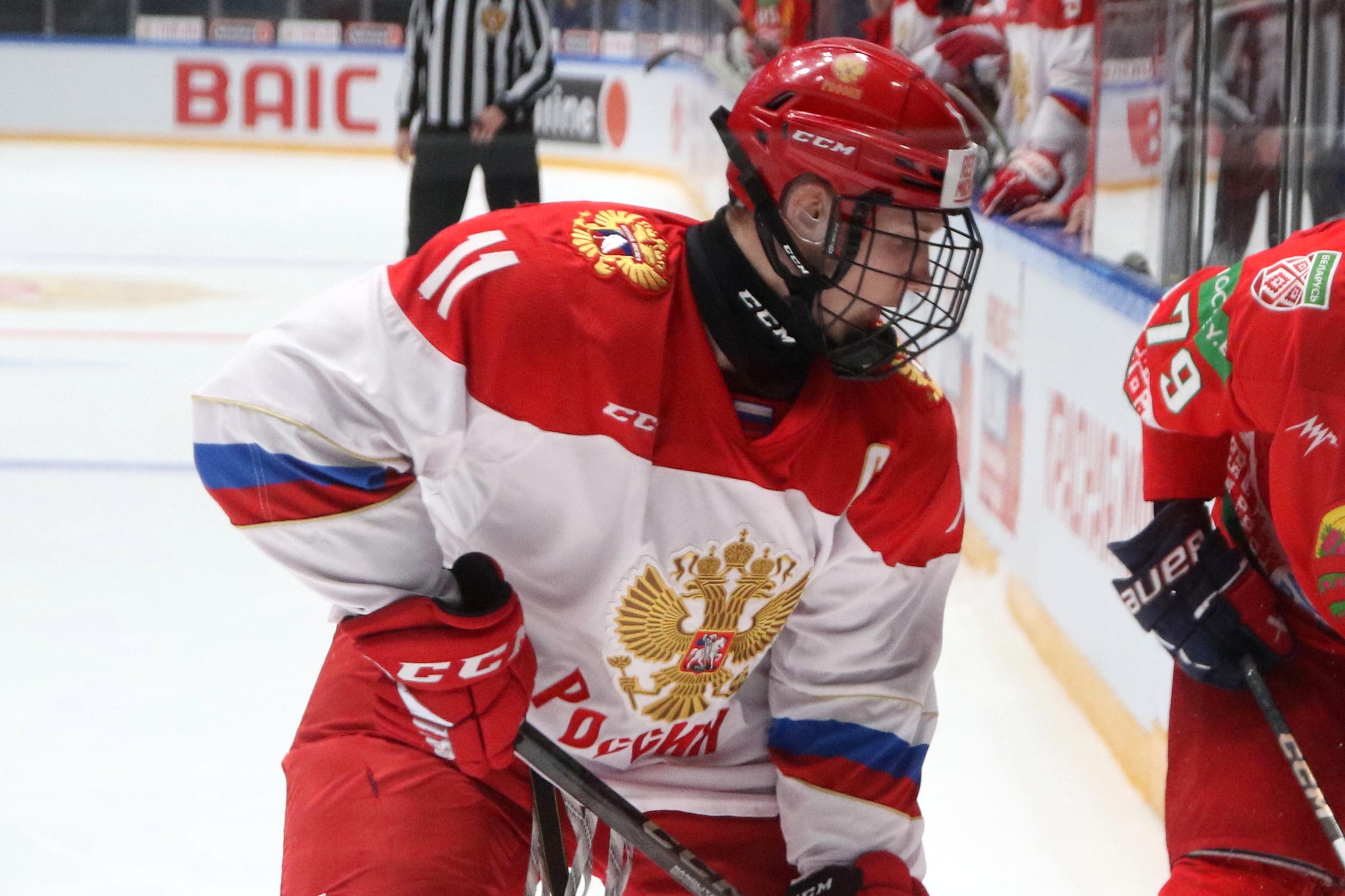 Ivan Ryabkin (11) Russia U18 and Timofey Mamanovich (79) of...