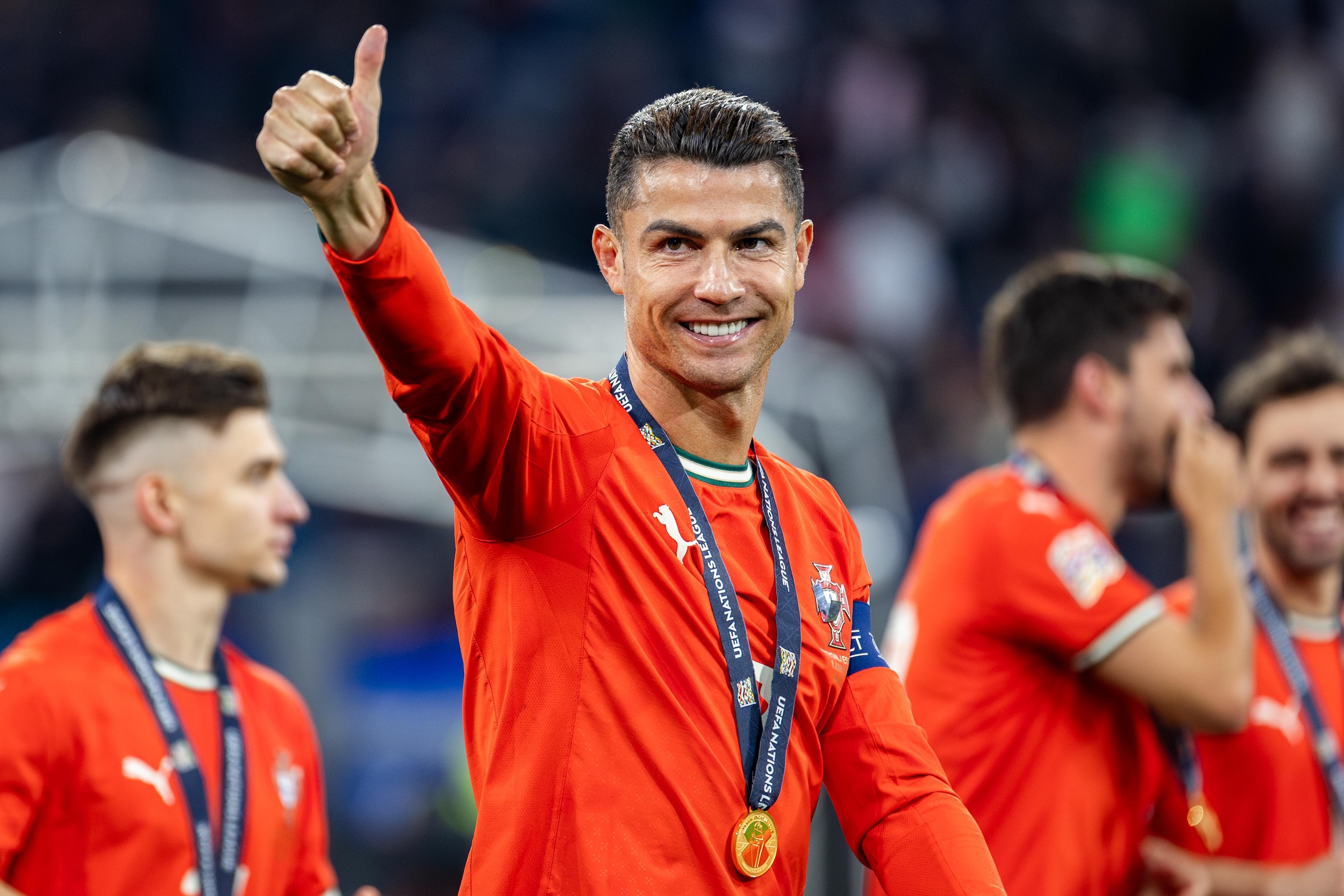 Cristiano Ronaldo of Portugal gives a thumbs up during the...