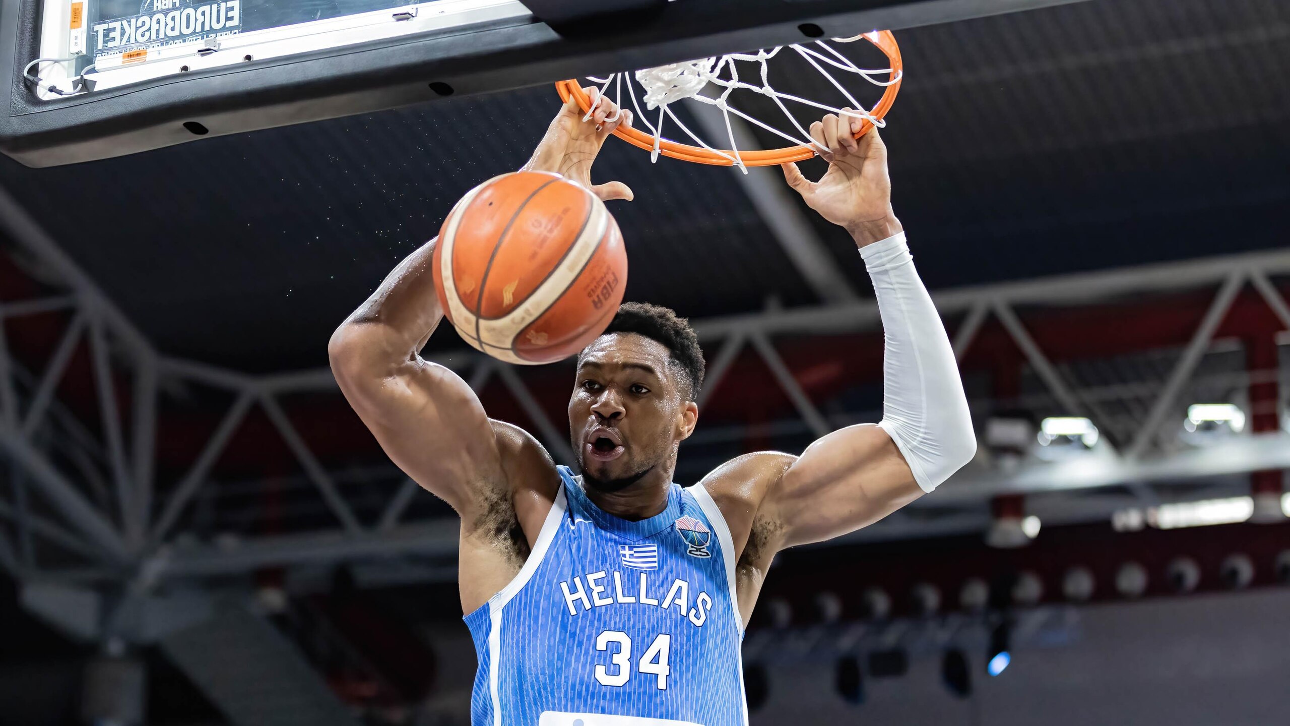 Giannis Antetokounmpo of Greece is seen in action during the...