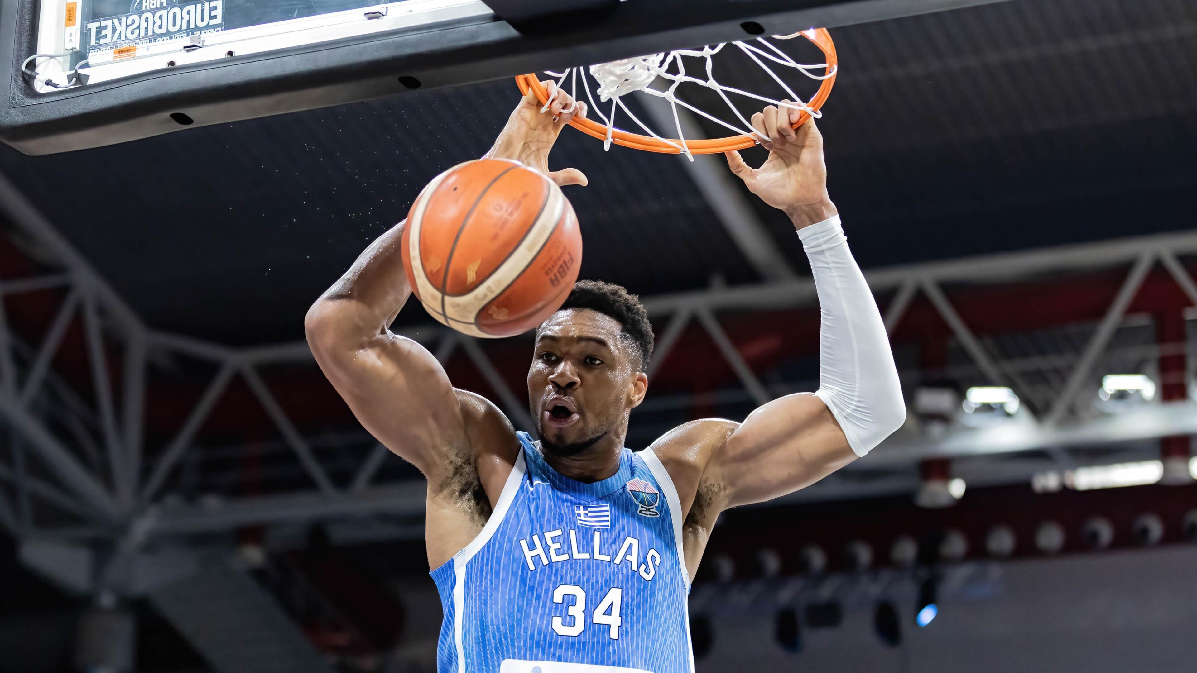 Giannis Antetokounmpo of Greece is seen in action during the...