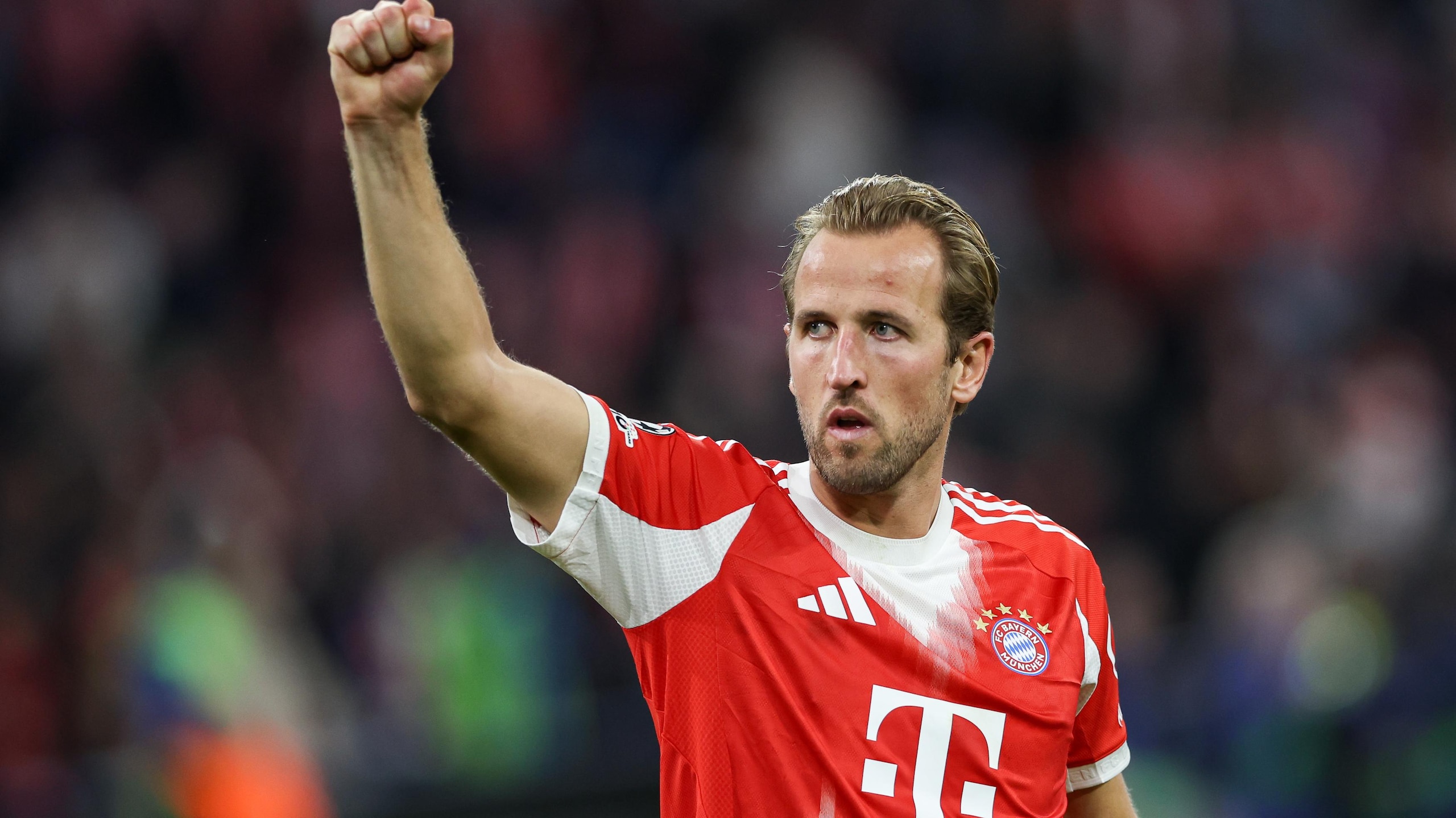 Harry Kane of Bayern celebrate after winning a game during...