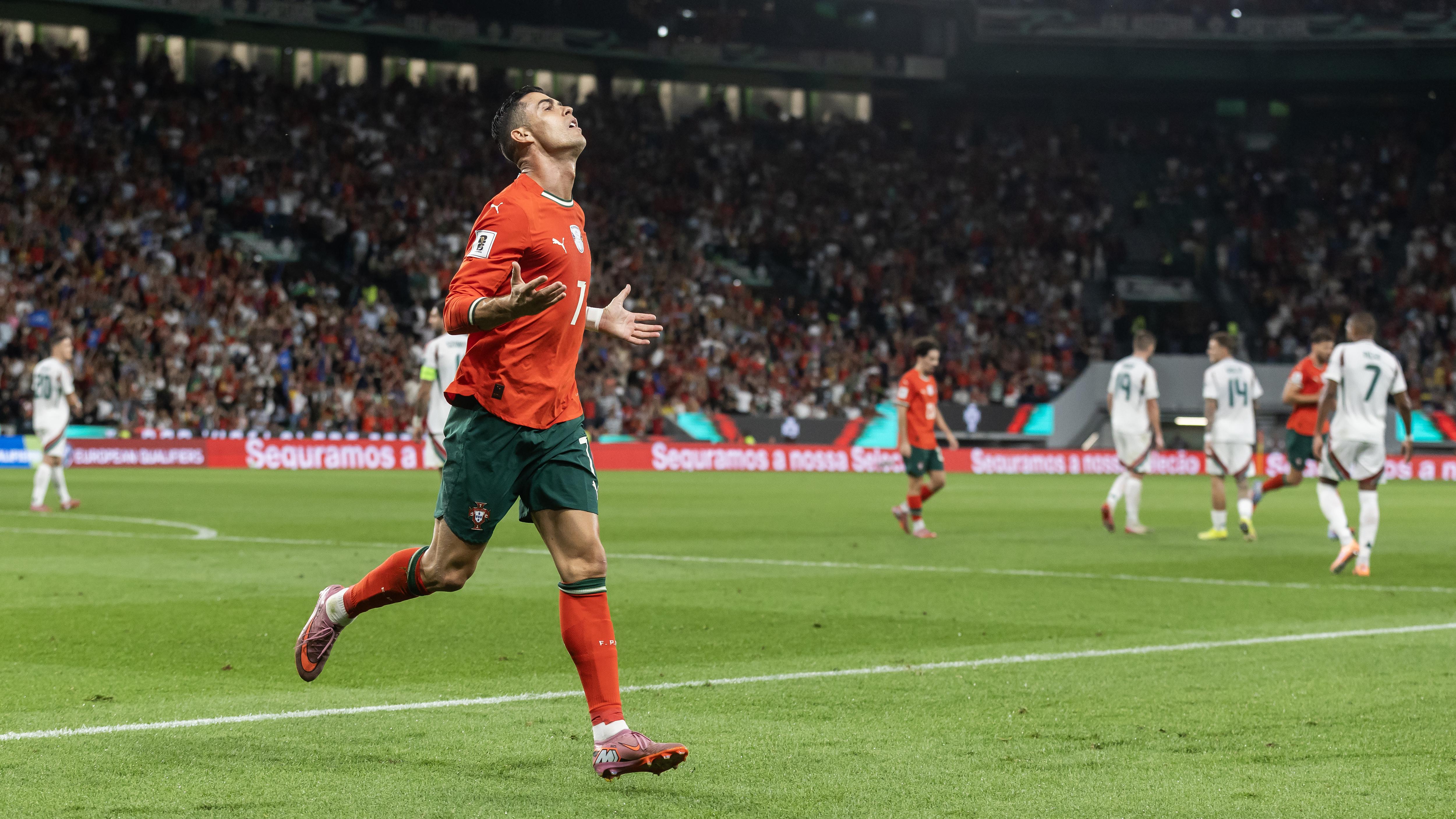 Cristiano Ronaldo of Portugal celebrates a goal during the...