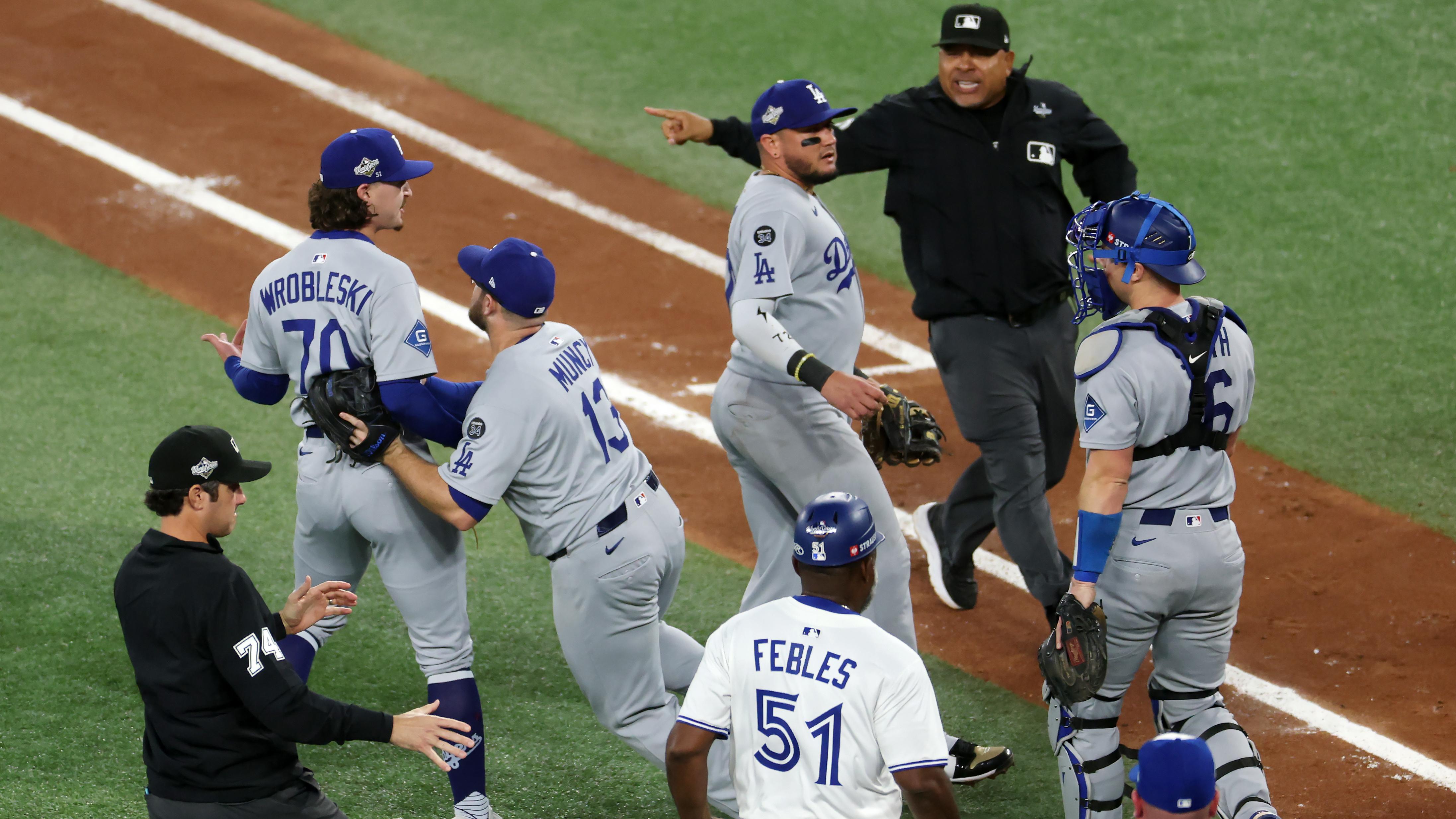 Dodgers, Blue Jays Clear Benches in World Series Game 7 on Video After Gimenez HBP