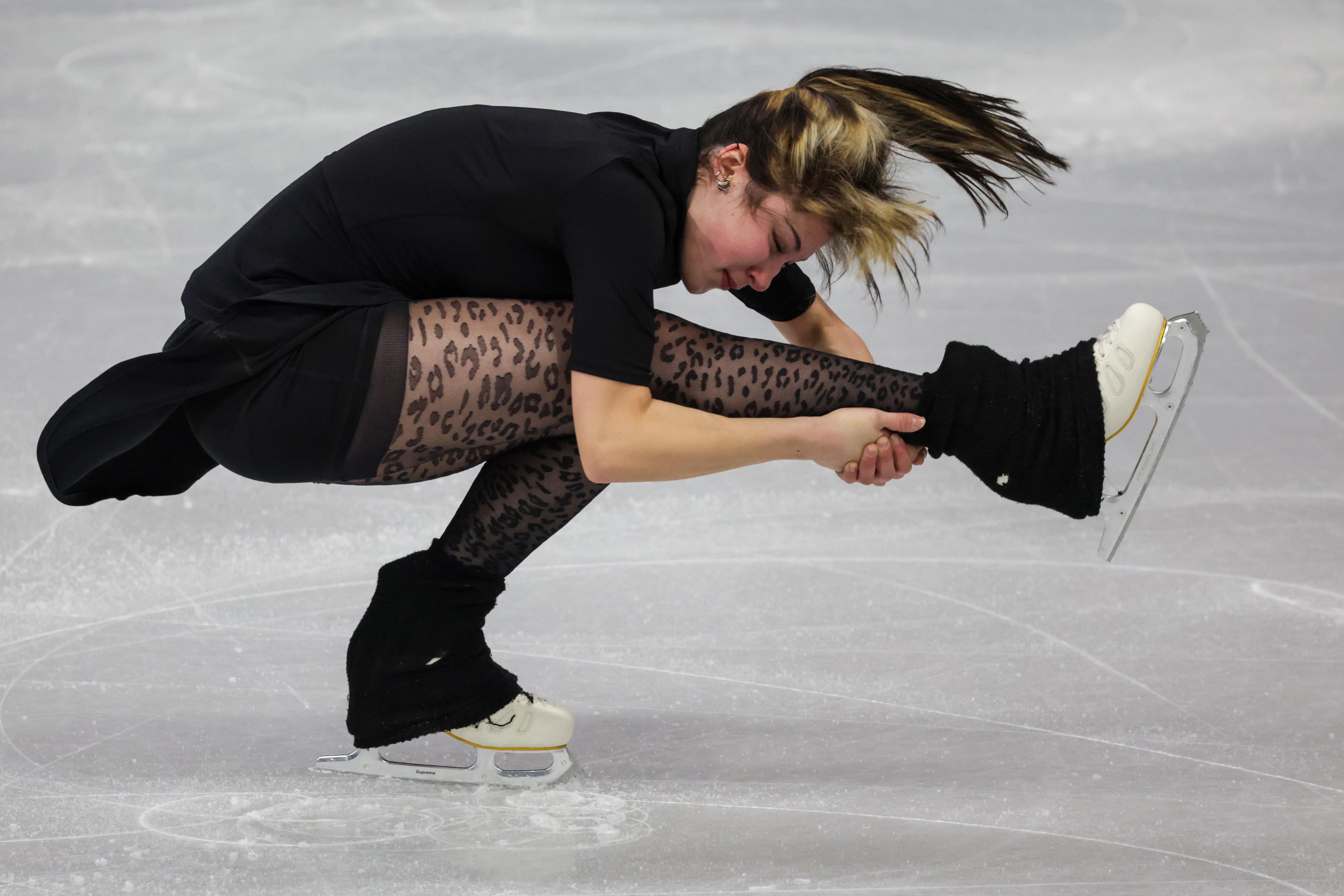 U.S. figure skater Alysa Liu practices at the the Milano Cortina Winter Olympic Games.