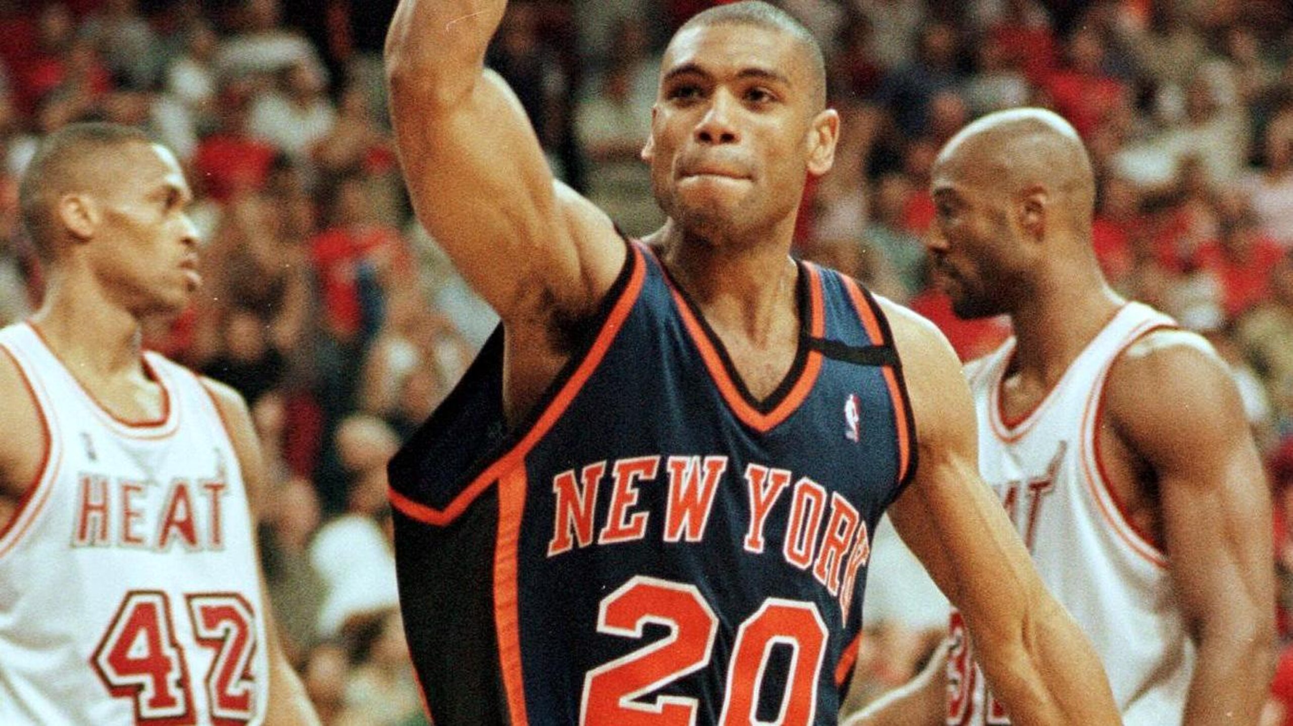 Allan Houston (C) of the New York Knicks celebrate Allan Houston (C) of the New York Knicks celebrate