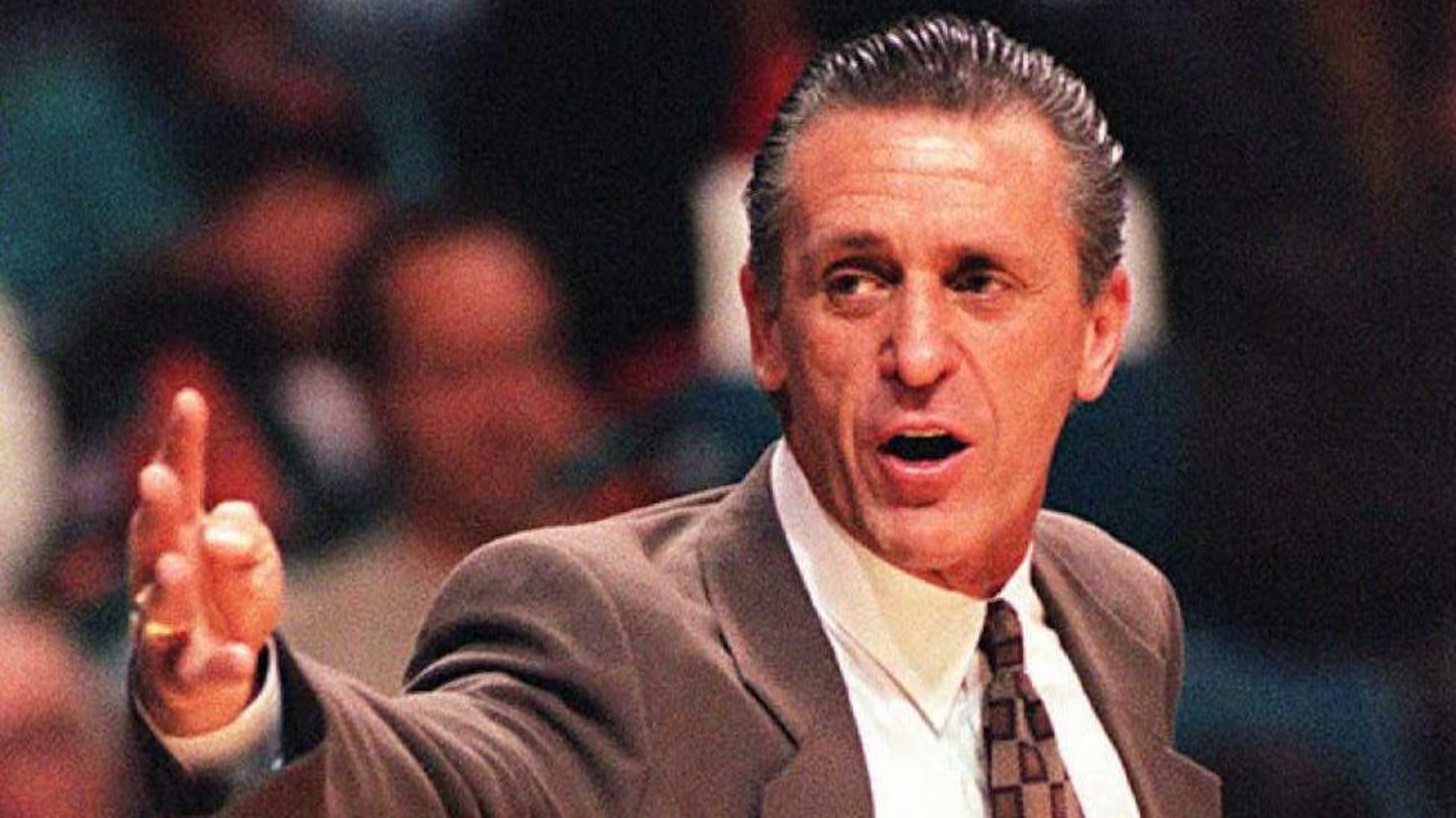 Miami Heat head coach Pat Riley yells at a referee