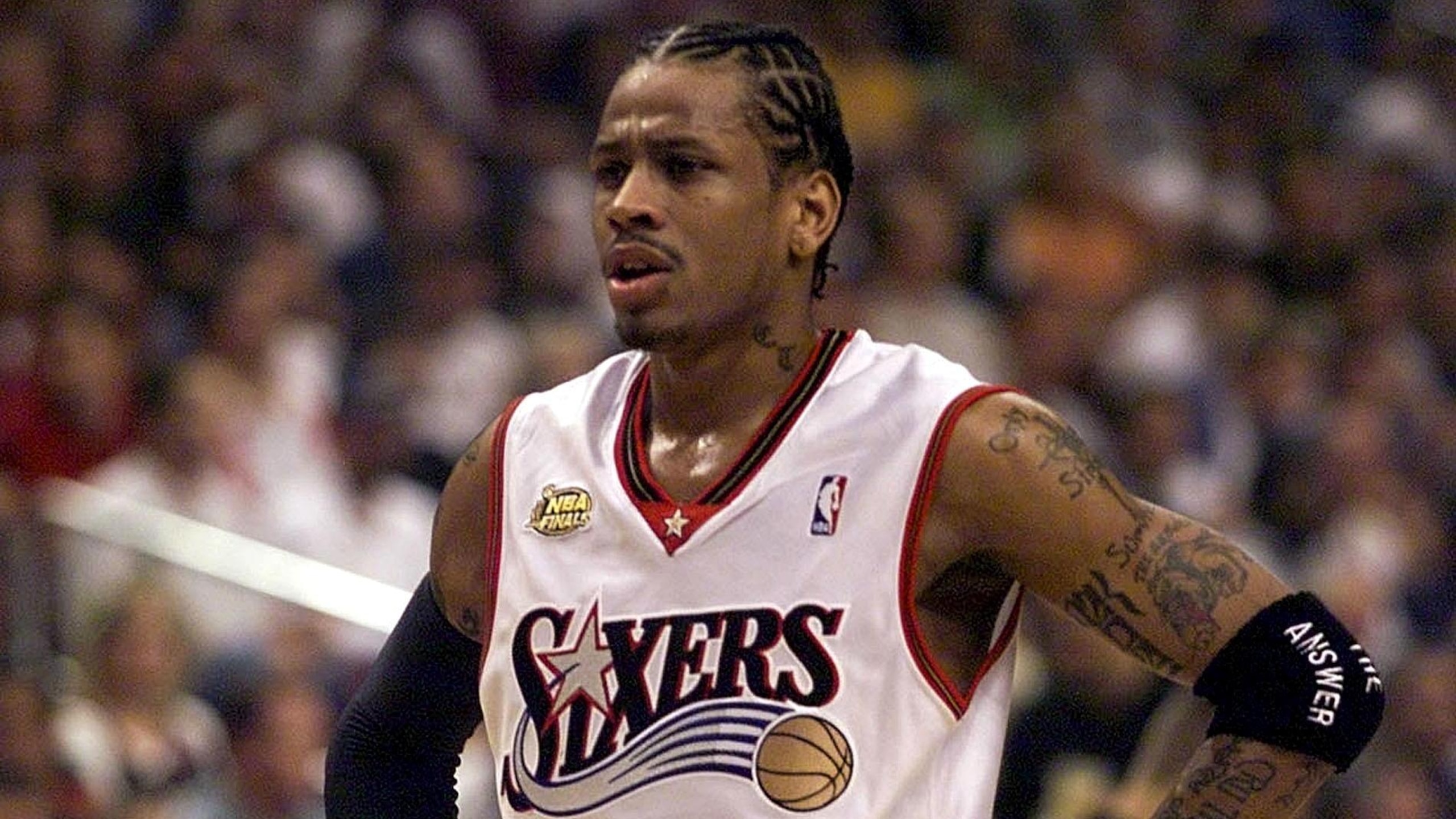Philadelphia 76ers guard Allen Iverson reacts duri