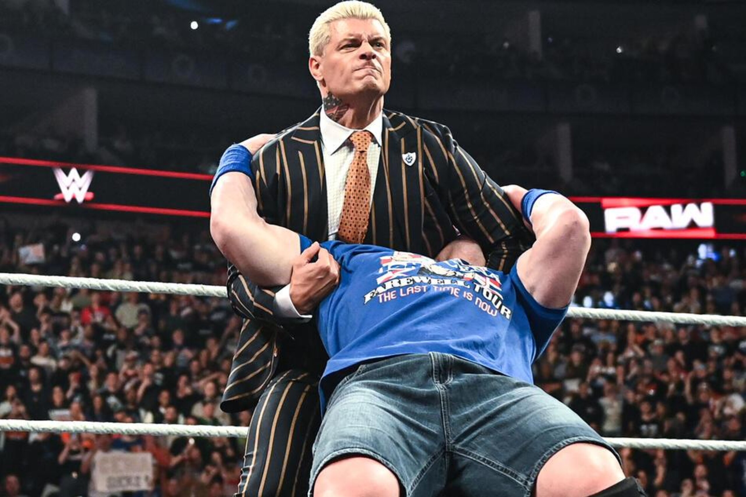 Cody Rhodes delivered a statement with a Cross Rhodes on John Cena. Cody Rhodes delivered a statement with a Cross Rhodes on John Cena.